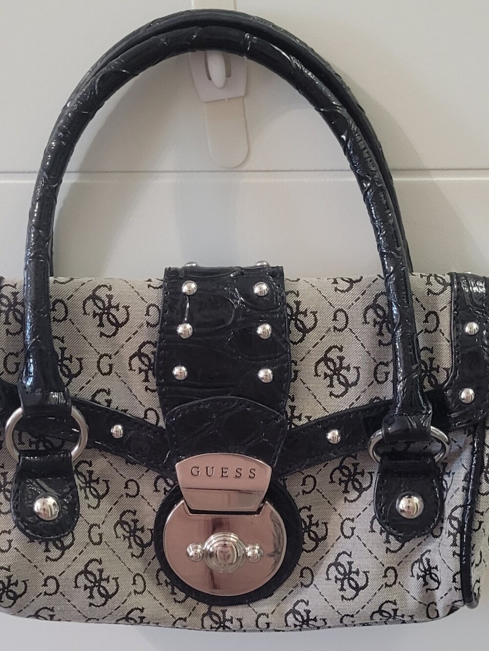 GUESS Black & Grey Monogram Satchel with Croc Trim Silver Hardware Sicily Mini